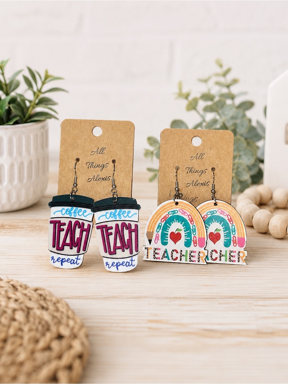 Teacher Coffee Cup and Rainbow Teacher Earrings